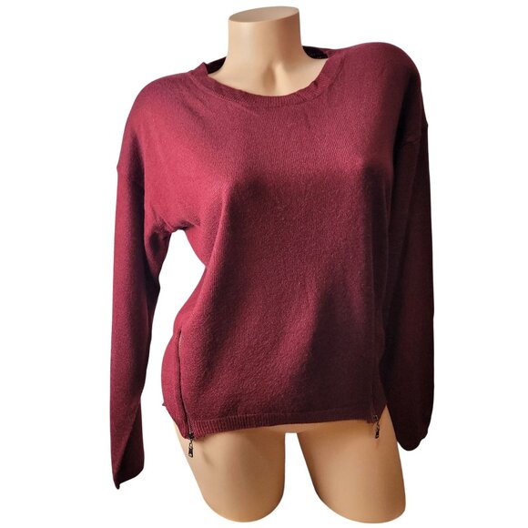 Mine ~ Burgundy Zip Accent Oversized Knit Sweater With Curved Hem & Side Details - Picture 1 of 12